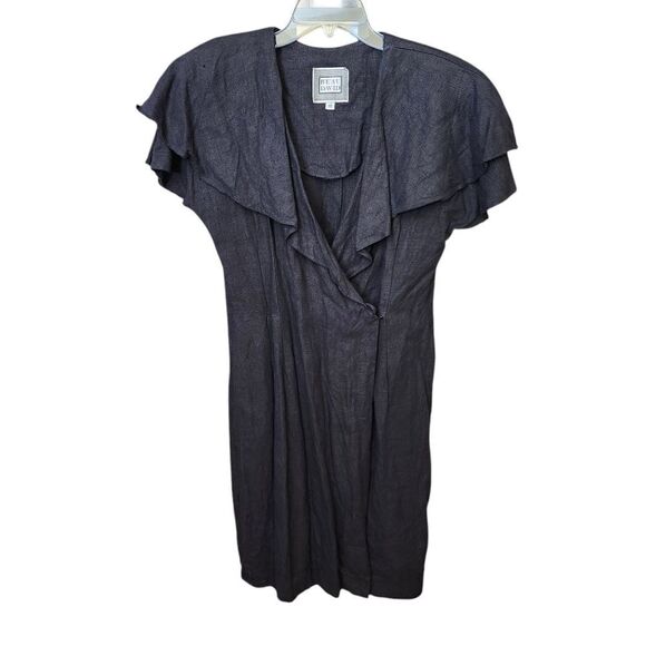 BEAU DAVID Vtg 80's ruffled neckline wrap 100% Linen dress Sz 10 - Picture 1 of 12